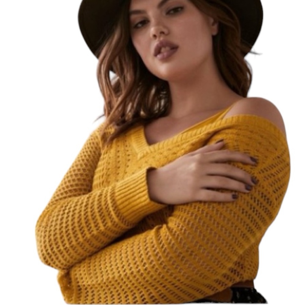 Addition Elle open knitted slouchy V neck boho sweater in mustard yellow 1XL